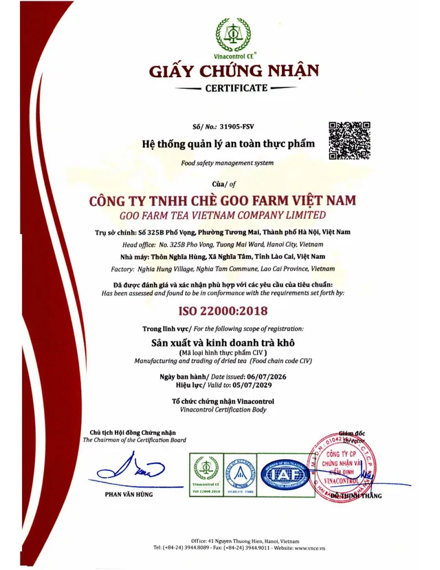 ISO 22000:2018 certificate No. 31905-FSV issued by Vinacontrol to Goo Farm Tea Vietnam Company Limited