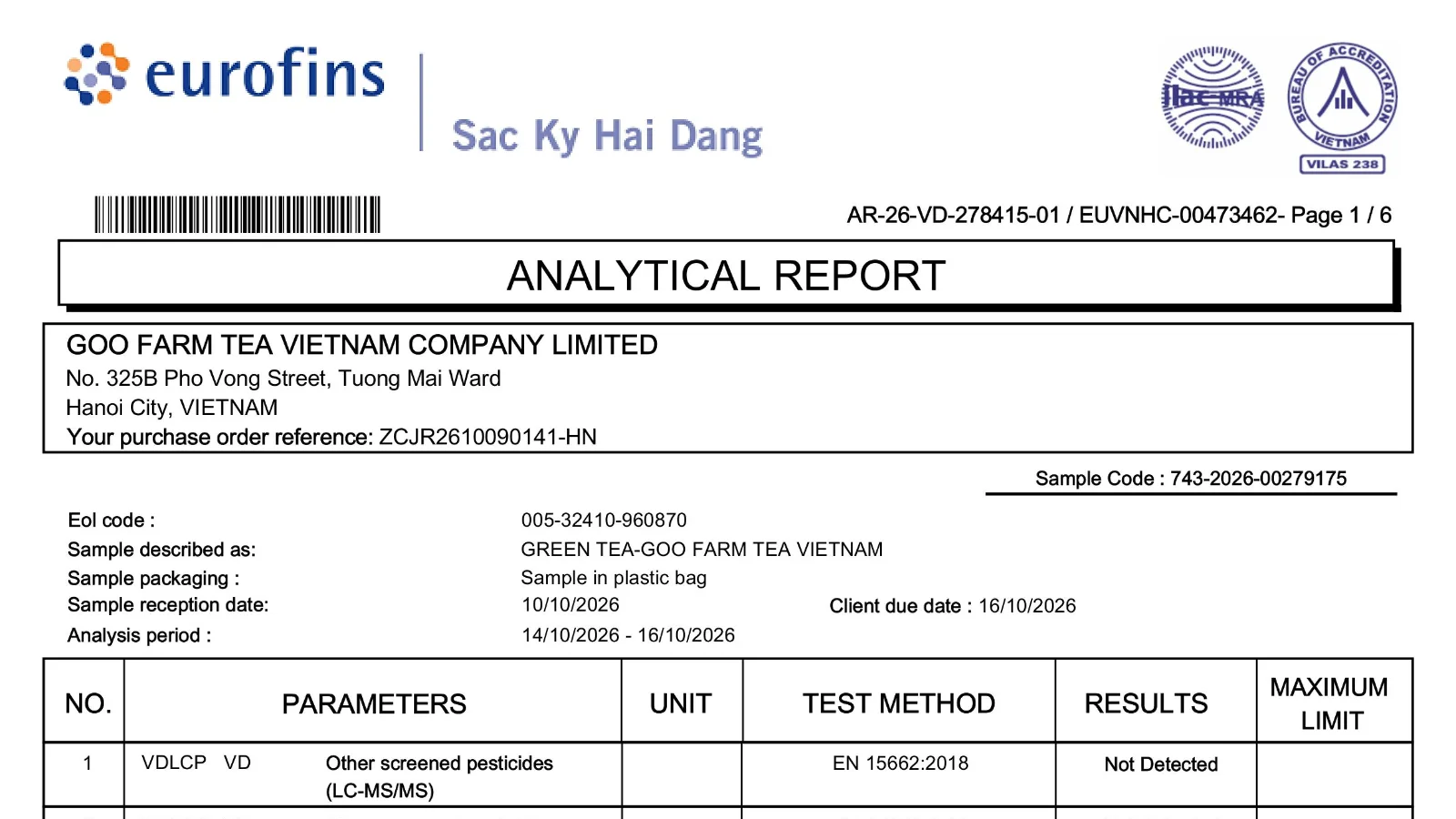 Eurofins test report on Goo Farm green tea: page 1 shown in full, the following pages blurred and locked