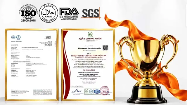 Goo Farm Tea Vietnam certifications shown on the Alibaba.com storefront: ISO 22000:2018 certificate from Vinacontrol and SGS analysis report