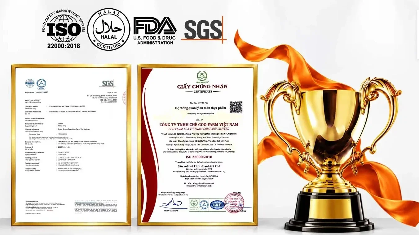 Certifications de Goo Farm Tea Vietnam présentées sur la boutique Alibaba.com : certificat ISO 22000:2018 de Vinacontrol et rapport d'analyse SGS