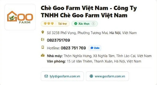 Goo Farm Tea Vietnam on Trang Vang Viet Nam, the Vietnamese edition of Yellow Pages Vietnam, with the Sponsor and Verified badges