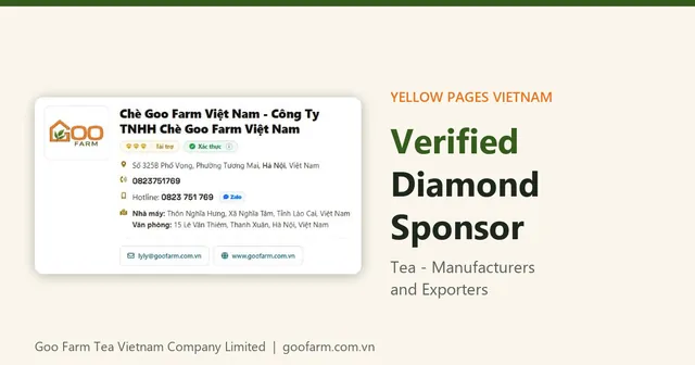 Страница Goo Farm Tea Vietnam на Yellow Pages Vietnam (Trang Vang) со значками спонсора и верификации