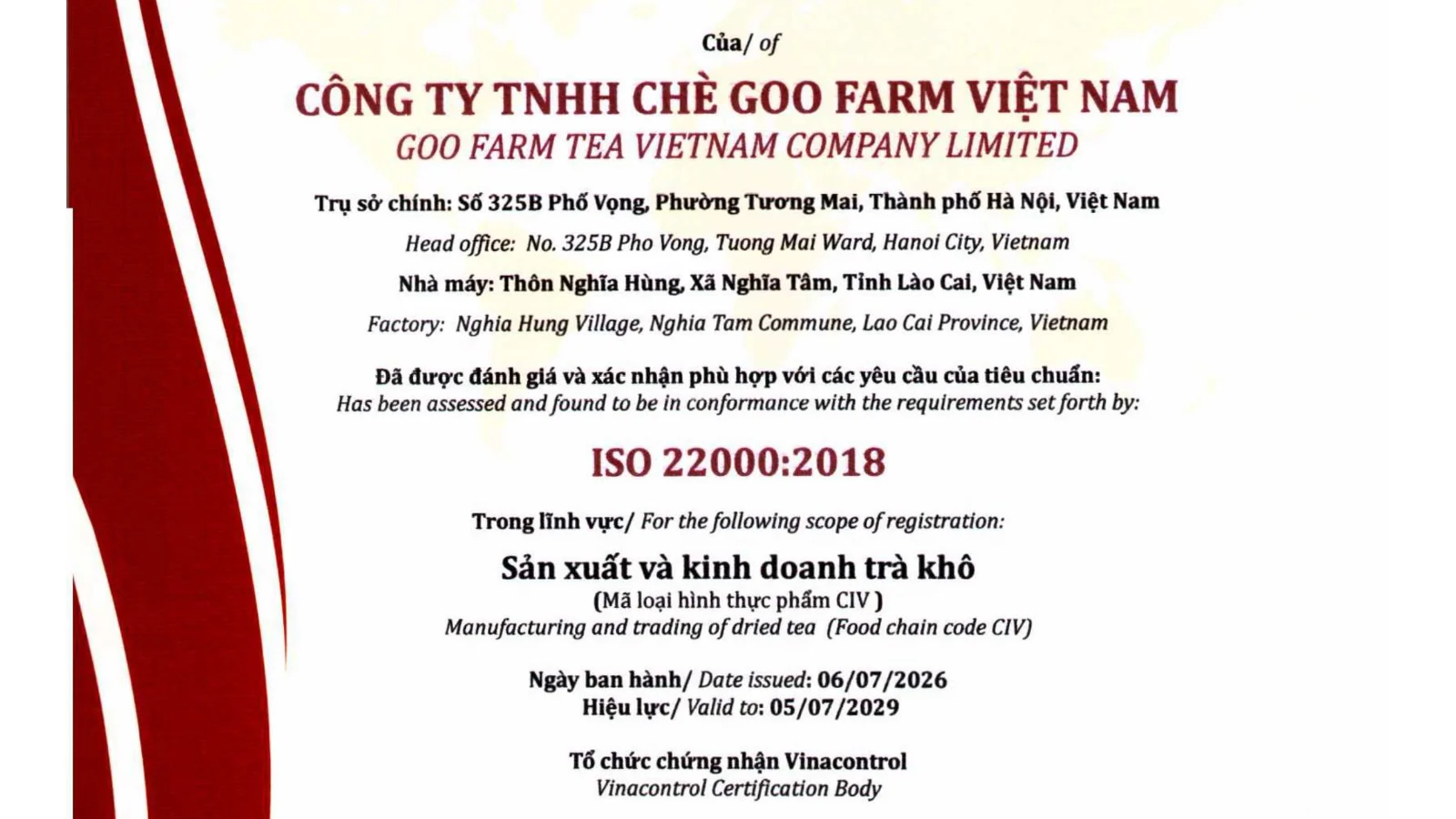 SGS analysis report and ISO 22000:2018 certificate No. 31905-FSV issued by Vinacontrol to Goo Farm Tea Vietnam Company Limited