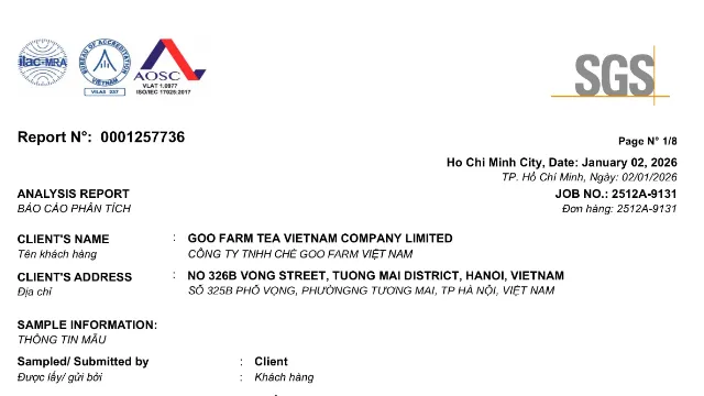 SGS test report on Goo Farm green tea: page 1 shown in full, the following pages blurred and locked