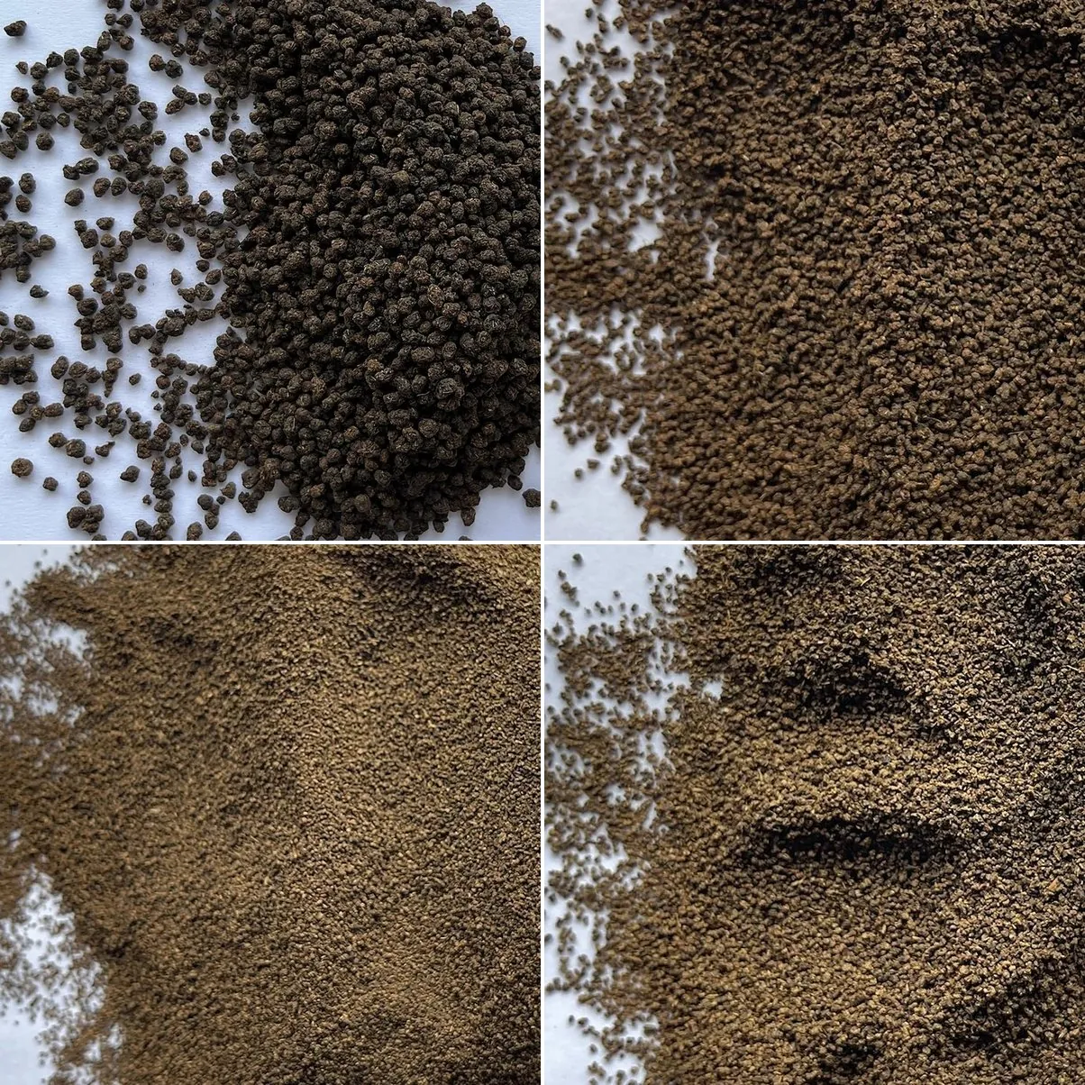 الأوراق الجافة لأربع درجات من الشاي الأسود CTC من Goo Farm: حبيبات BOP وBP في الأعلى وPD وPF في الأسفل